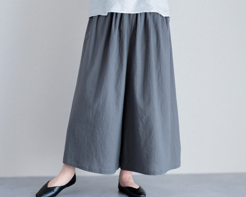 リネンコットン ギャザーパンツ チャコールグレー スカート見えする