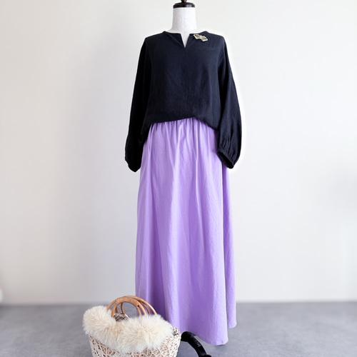 リネンコットン ギャザーフレアスカート パープル スッキリ見え