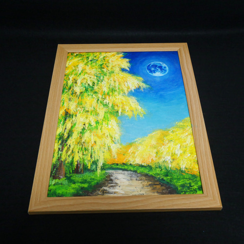 油絵 油彩 油彩画 絵 絵画 【ミモザと青い満月】 絵画 HR 通販