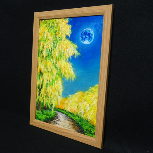 油絵 油彩 油彩画 絵 絵画 【ミモザと青い満月】 絵画 HR 通販