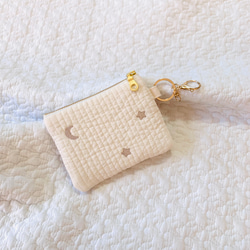 月と星　nubiアイボリー×スキンベージュ　ダブルファスナー　コインケース　ミニポーチ　ヌビ 財布　刺繍 　大人可愛い 3枚目の画像
