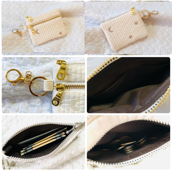 月と星　nubiアイボリー×スキンベージュ　ダブルファスナー　コインケース　ミニポーチ　ヌビ 財布　刺繍 　大人可愛い 8枚目の画像