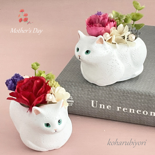 母の日ギフト！動物モチーフ 白ネコさんの花壇(カーネーション・レッド