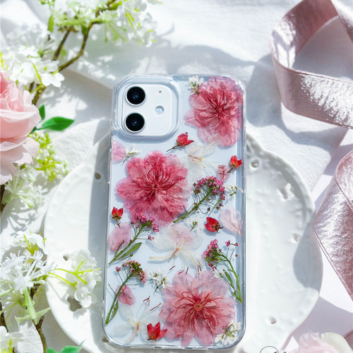 さくらしぐれ」押し花 スマホケース お花 全機種対応 iPhone 16 15 14