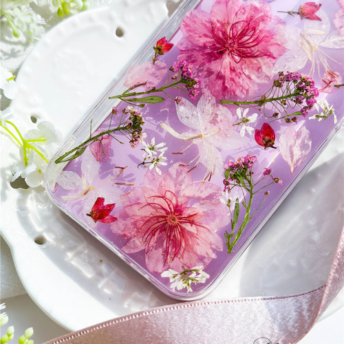 さくらしぐれ」押し花 スマホケース お花 全機種対応 iPhone 16 15 14