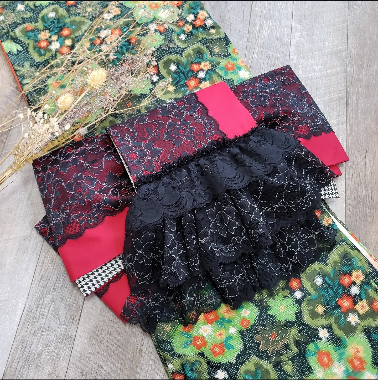 【半幅帯】レッドクイーン フリルレース 千鳥格子 /red queen 赤 着物⭐送料込み⭐