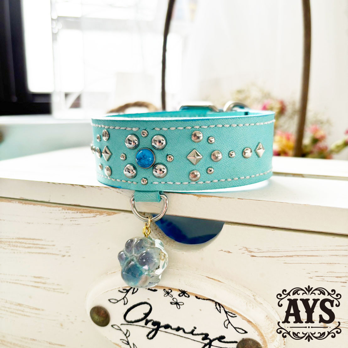 小型犬用 姫路レザースタッズ首輪 - ターコイズブルー