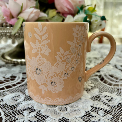 即納！ジュエルフラワーホワイトレース・サーモンピンク…マグカップ