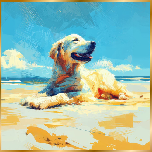 ゴールデンレトリバー犬とビーチのスケッチ No.3】海・犬の絵・犬の