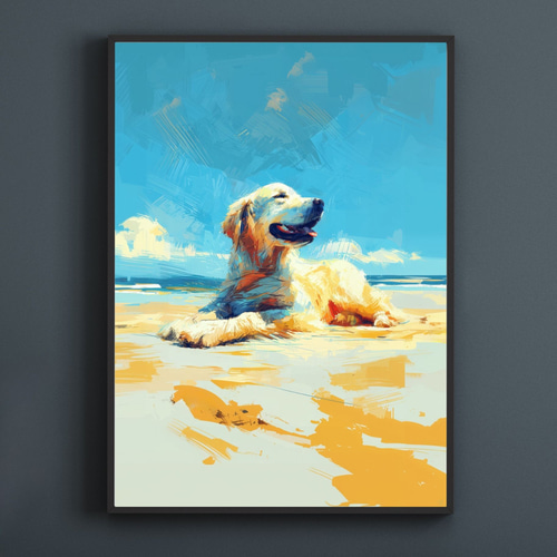 ゴールデンレトリバー犬とビーチのスケッチ No.3】海・犬の絵・犬の