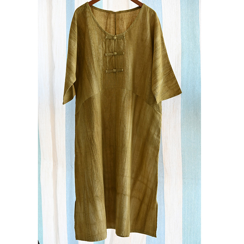 絞り染め綿麻ワンピース　半袖綿麻ワンピース　チャイナボタン飾り　ゆとりワンピース　3色　フリーサイズ　L608
