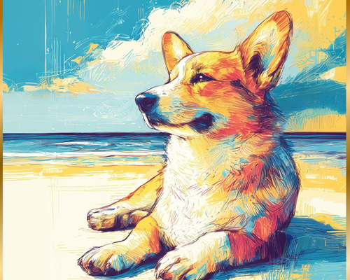 ウェルシュコーギー犬とビーチのスケッチ No.1】海・犬の絵・犬の