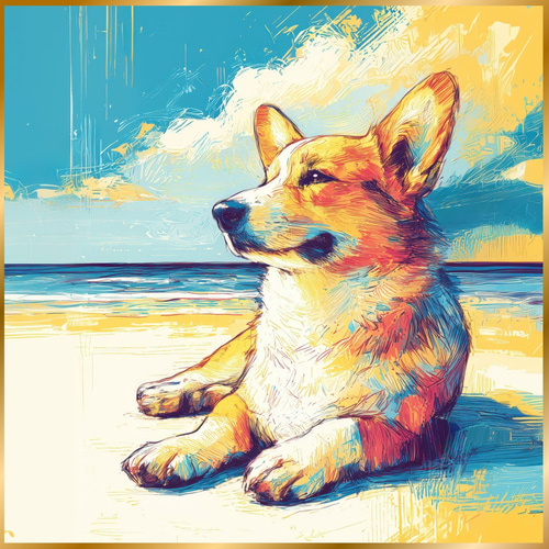 ウェルシュコーギー犬とビーチのスケッチ No.1】海・犬の絵・犬の