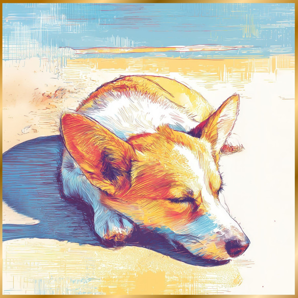 ウェルシュコーギー犬とビーチのスケッチ No.2】海・犬の絵・犬