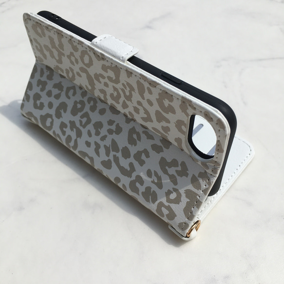 全機種対応  グレージュレオパード柄 アイフォン ヒョウ柄 手帳型スマホケース  iPhone16e 15他ｹｰｽ 7枚目の画像
