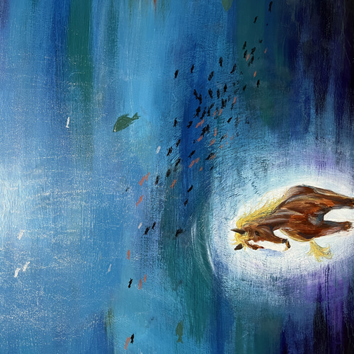 絵画 【海底の馬】 アート 絵 インテリア パネル アクリル クレヨン