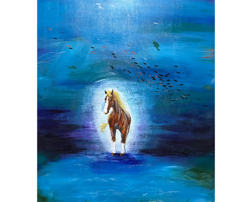 絵画 【海底の馬】 アート 絵 インテリア パネル アクリル クレヨン