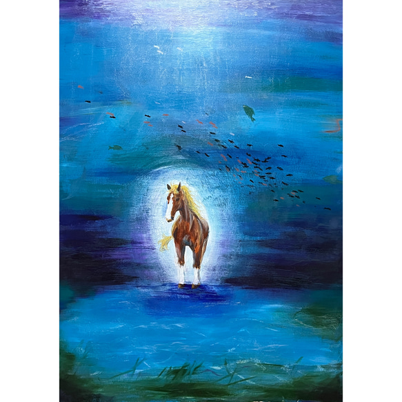 絵画 【海底の馬】 アート 絵 インテリア パネル アクリル クレヨン