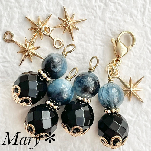 1810 ブラックアクアマリン×オニキス 天然石 お守り チャーム スター