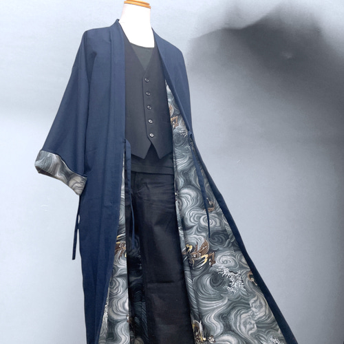 着丈 135cm メンズ 龍総裏地付き 作務衣コート 着物ガウン 着物
