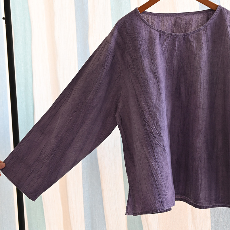 絞り染め綿麻Tシャツ　丸襟綿麻シャツ　長袖Tシャツ　3色　フリーサイズ　L610