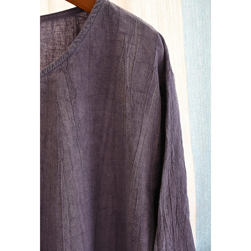 絞り染め綿麻Tシャツ　丸襟綿麻シャツ　長袖Tシャツ　3色　フリーサイズ　L610