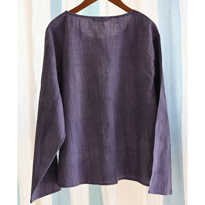 絞り染め綿麻Tシャツ　丸襟綿麻シャツ　長袖Tシャツ　3色　フリーサイズ　L610