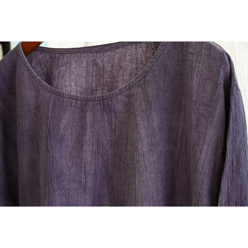 絞り染め綿麻Tシャツ　丸襟綿麻シャツ　長袖Tシャツ　3色　フリーサイズ　L610
