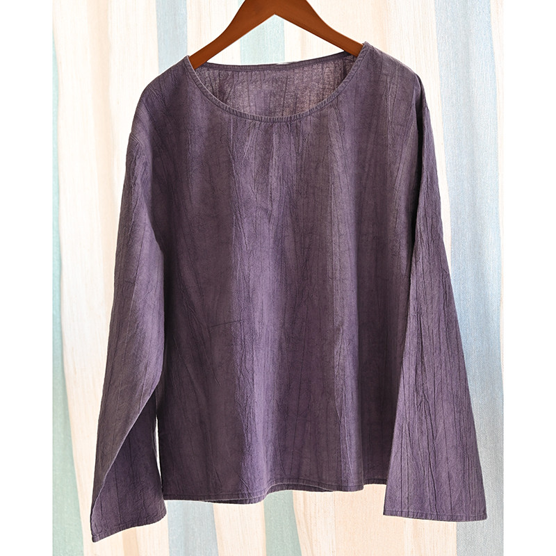 絞り染め綿麻Tシャツ　丸襟綿麻シャツ　長袖Tシャツ　3色　フリーサイズ　L610