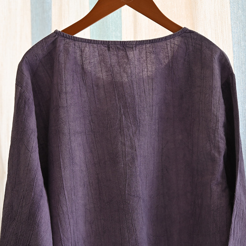 絞り染め綿麻Tシャツ　丸襟綿麻シャツ　長袖Tシャツ　3色　フリーサイズ　L610