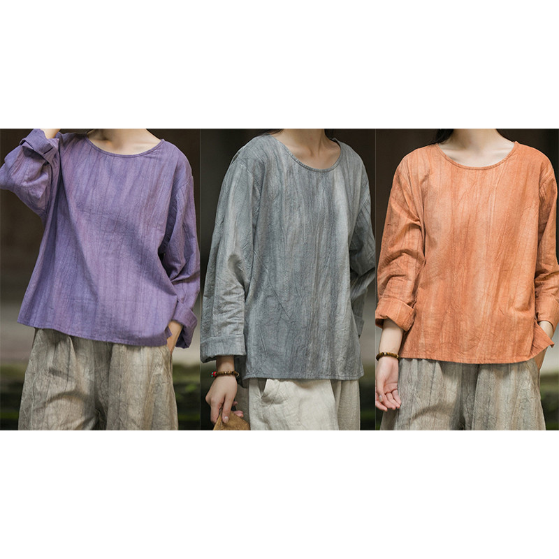 絞り染め綿麻Tシャツ　丸襟綿麻シャツ　長袖Tシャツ　3色　フリーサイズ　L610