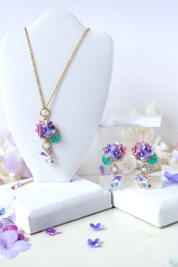 《セット割》紫陽花しゃらりん*ピアス／イヤリング＋ネックレス 2枚目の画像
