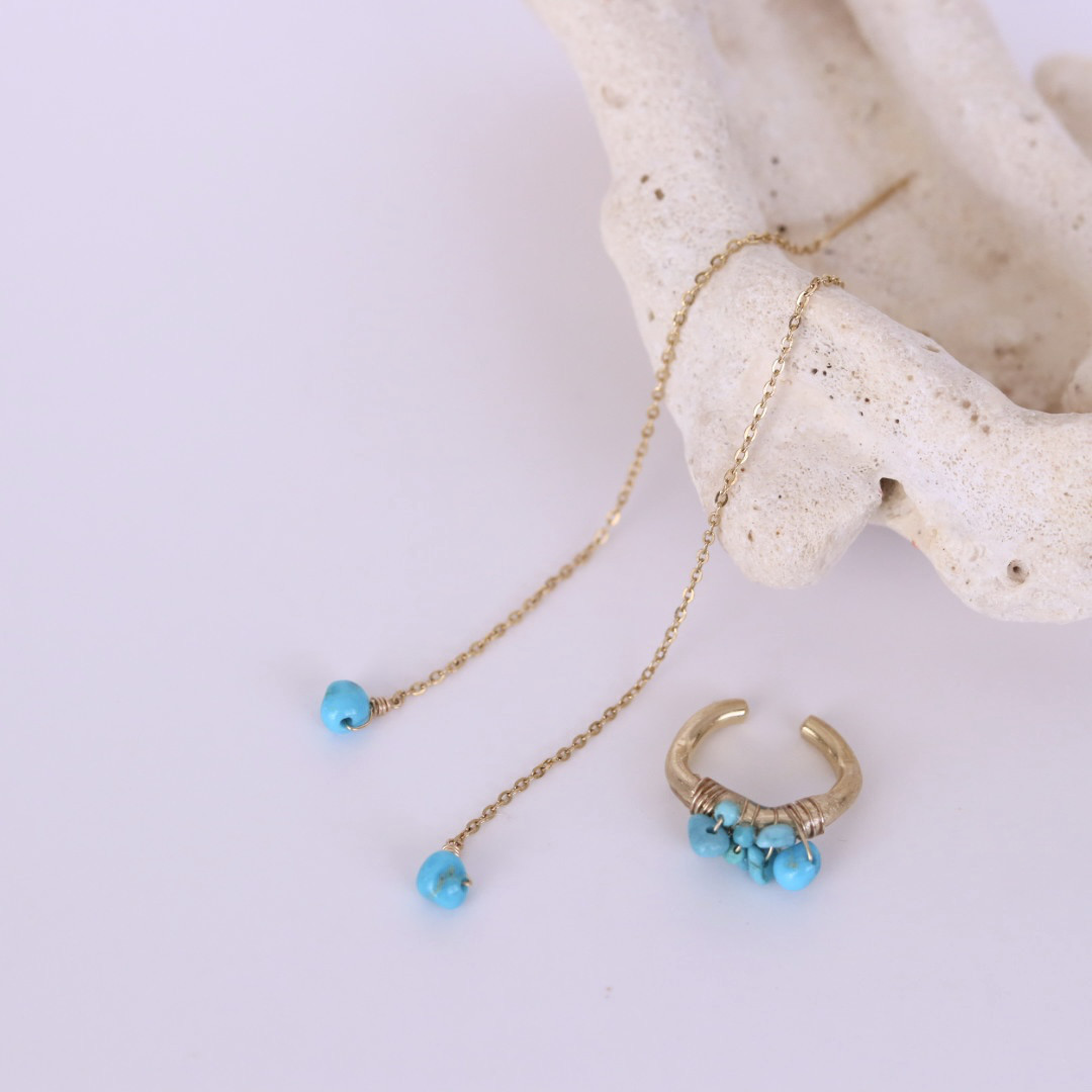 14kgfピアス 母の日プレゼント アレルギー対応 金アレ対応 イヤーカフセット チェーンピアス ターコイズ 淡水パール