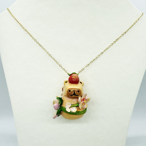 桜とカピバラの春色ネックレス ハンドメイド粘土ペンダント ポリマー