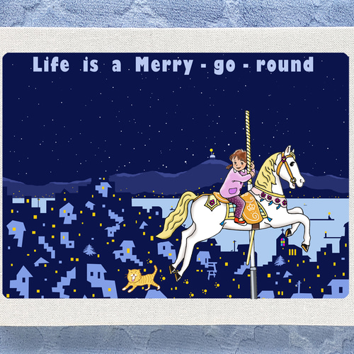 アートパネル 回転木馬と街の灯 33cmx24cm イラスト 馬 horse 木馬