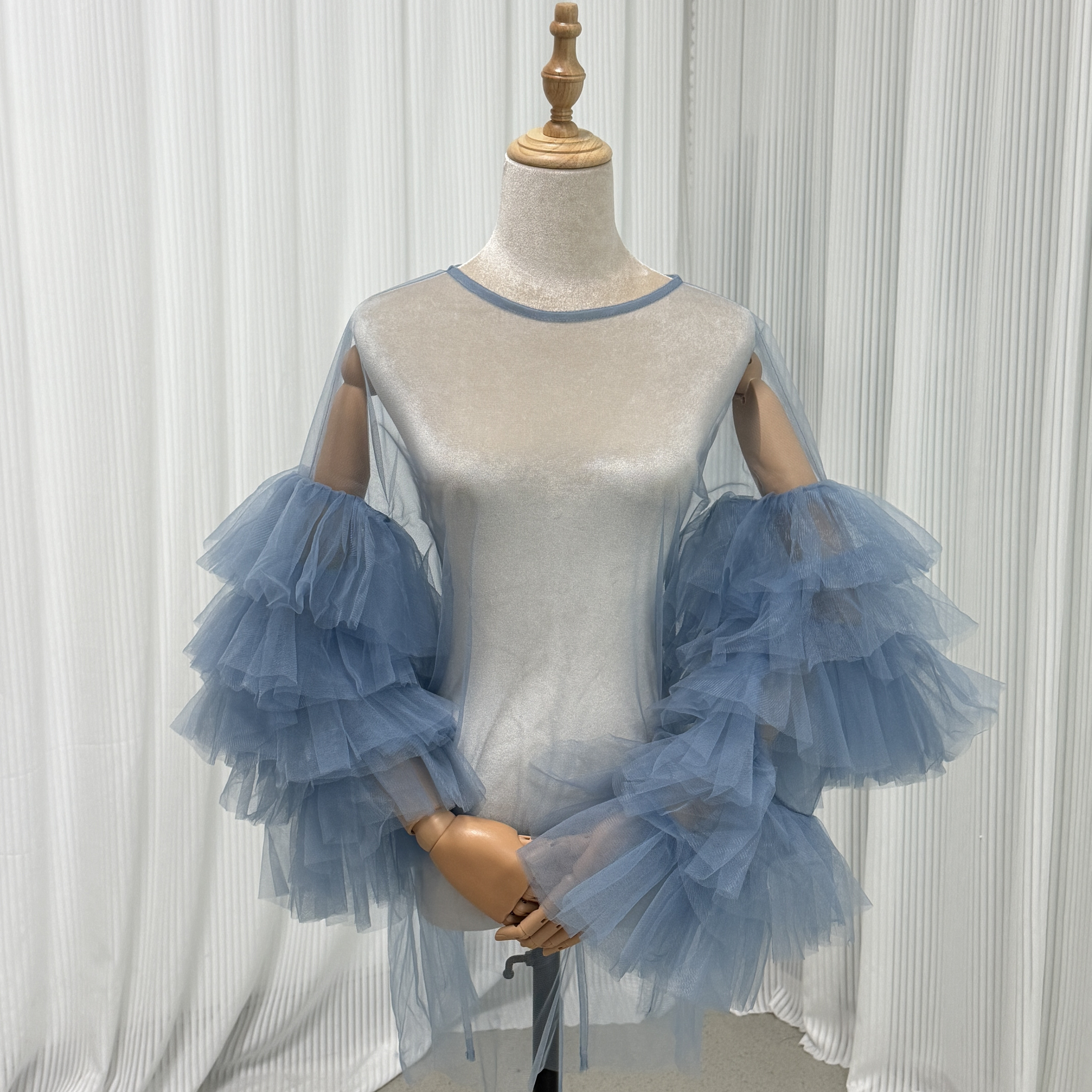 送料無料！パステルブルーボレロ　ラッフルモチーフのチュールトップス ドレスアレンジ　ポンチョ　色オーダー可能