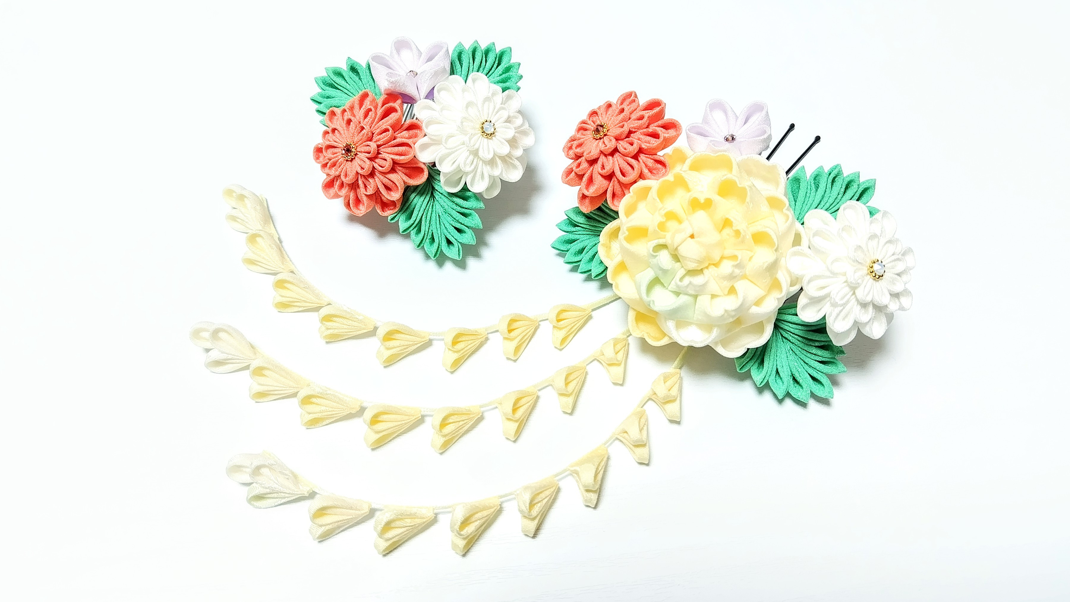 つまみ細工の髪飾り ３点セット【黄色･サーモンピンク·白】
