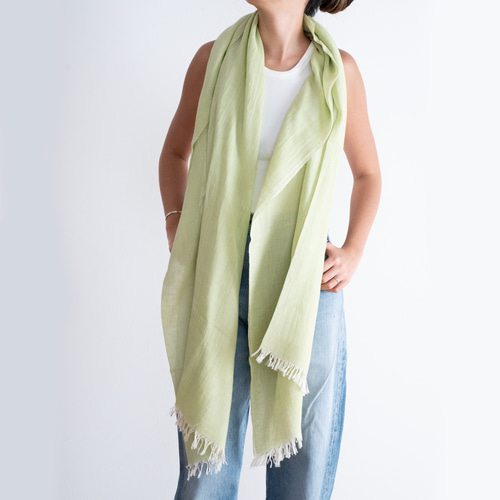 播州織 コットンリネン大判ストール グリーン 透け感/ショール