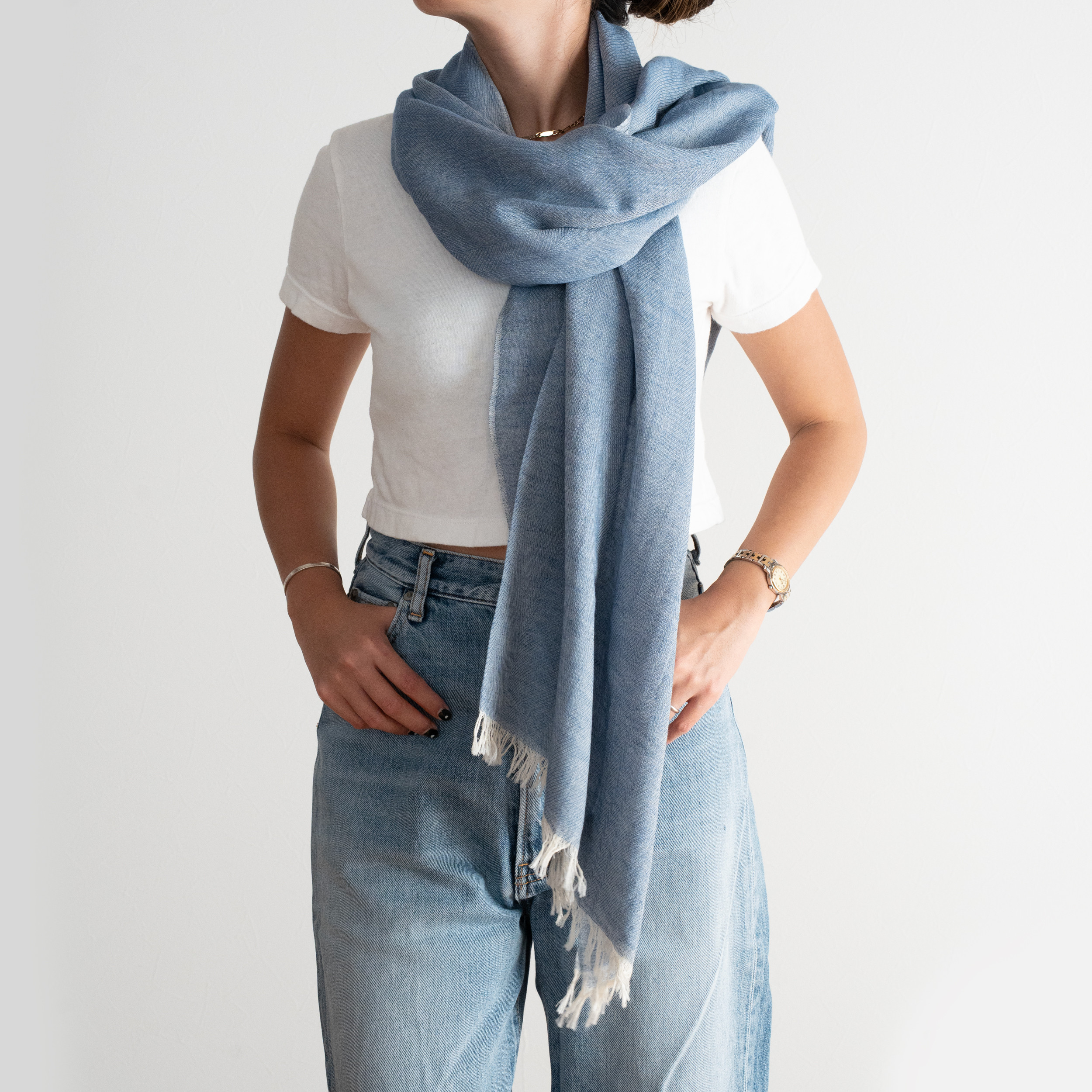 播州織 コットンリネン大判ストール ブルー 透け感/ショール