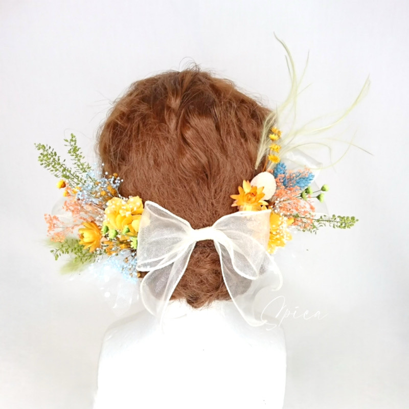 【一点限定】プリザ＆ドライフラワーとリボンのヘッドドレス 髪飾り 成人式 卒業式 袴 ウェディング 黄色 春 グリーン