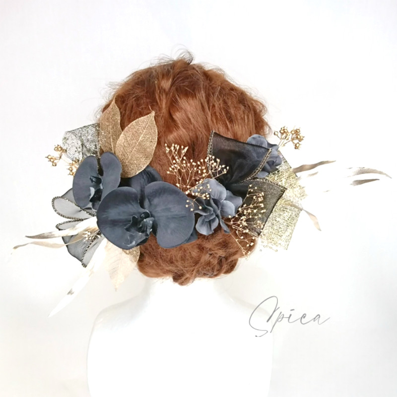 【一点限定】胡蝶蘭とプリザーブドフラワーのヘッドドレス 髪飾り 成人式 卒業式 袴 結婚式 黒 ゴールド リボン 大人
