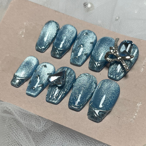 サイズオーダー/マグネット/青/リボン/ハート/推し/ネイルチップ