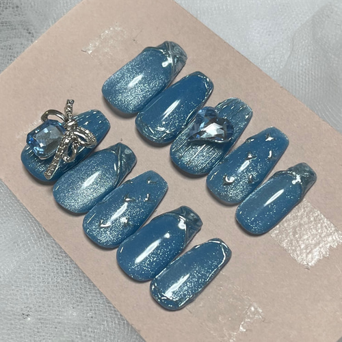 ネイルチップ サイズオーダー 水色 ブルー マグネット ハート 推し リボン サイズオーダー/マグネット/青/リボン/ハート/推し/ネイルチップ