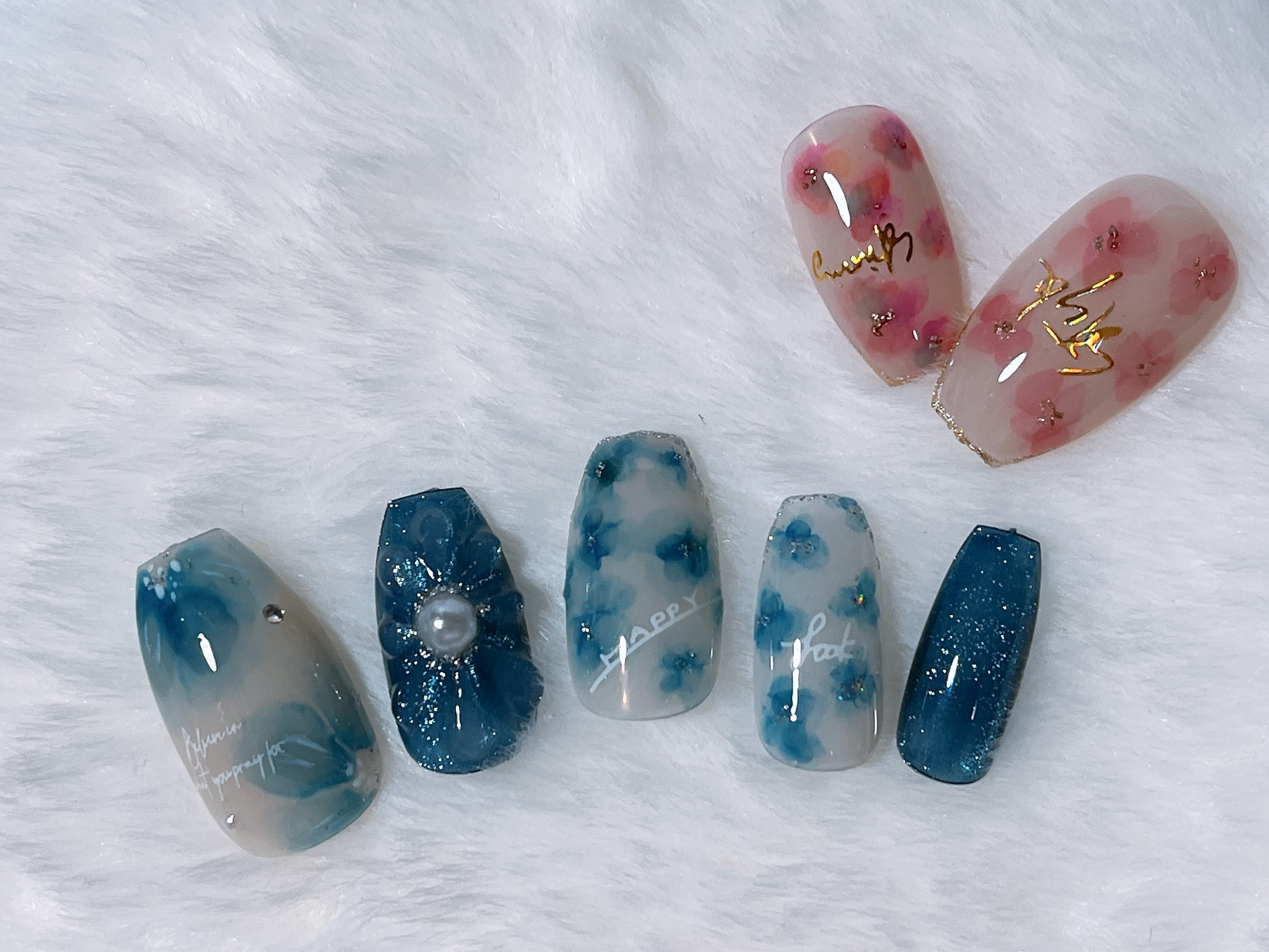 9ネイルチップ インクフラワー ニュアンス ぷっくりフラワー