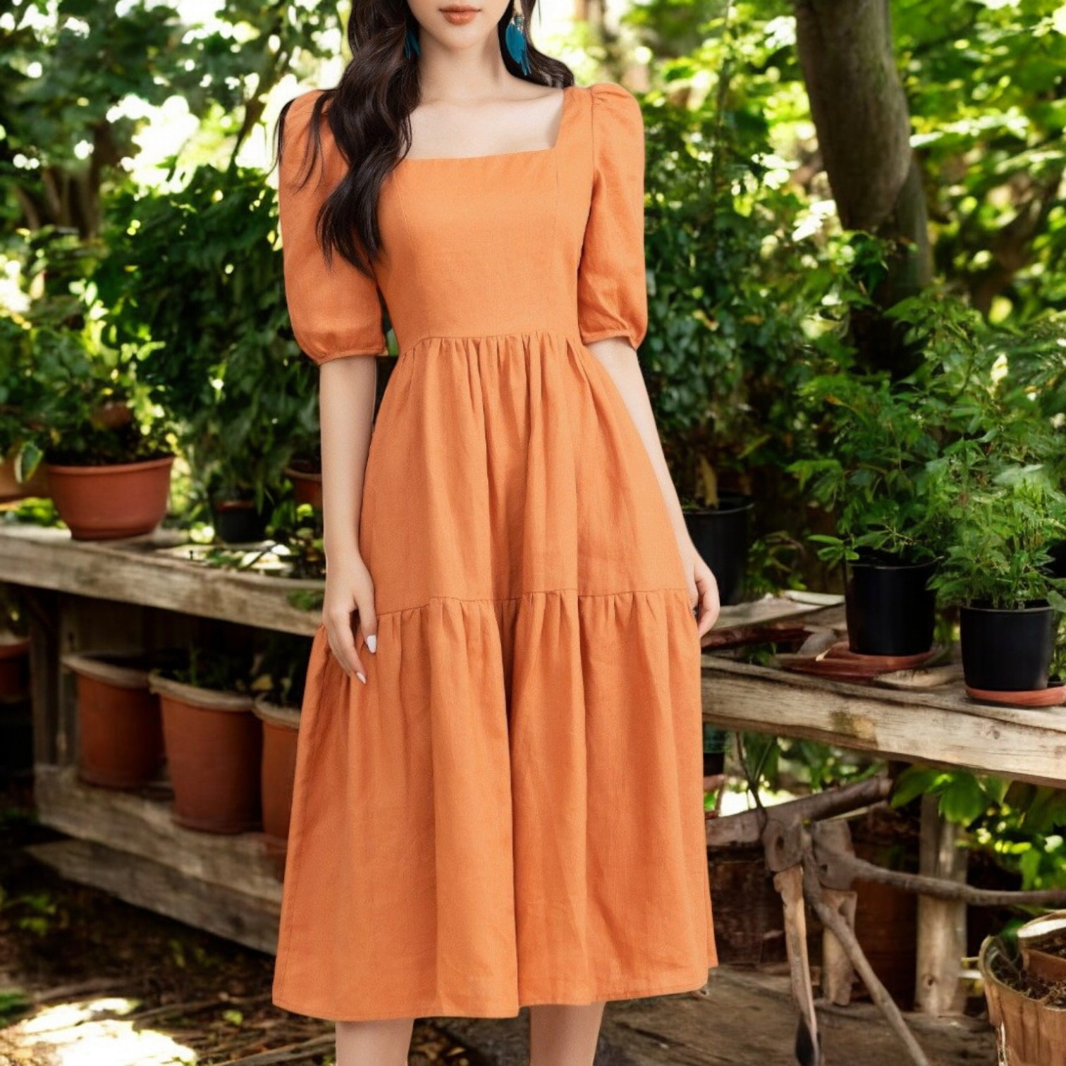 ナチュラルリネンのふんわりワンピース｜スクエアネック＆ウエストシェイプ｜3色展開・ オーダーメイド・ L184C