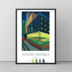 【匿名配送】絵画　「日暮れ」アート 原画　A4サイズ額つき アートポスター】「街角」/クレパスアート-A4サイズ（2022年