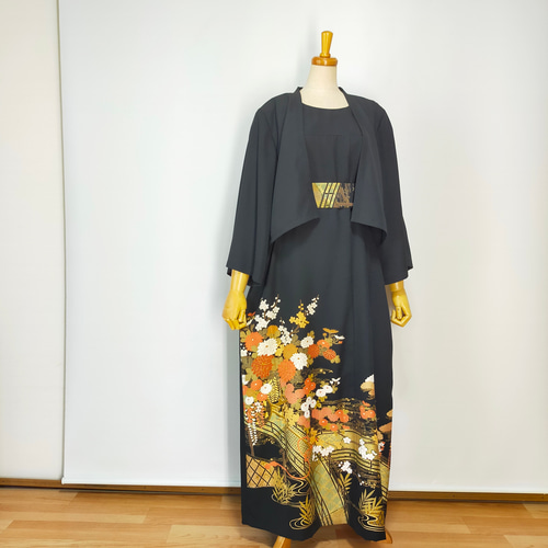 らー　着物リメイクワンピース　黒留袖ドレス　オーダー品　ボレロ　フレンチ袖 黒留袖アンサンブル*フレンチワンピース+ボレロ*紐ベルト＆リボン結び