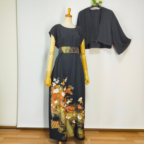 黒留袖アンサンブル*フレンチワンピース+ボレロ*紐ベルト＆リボン結び