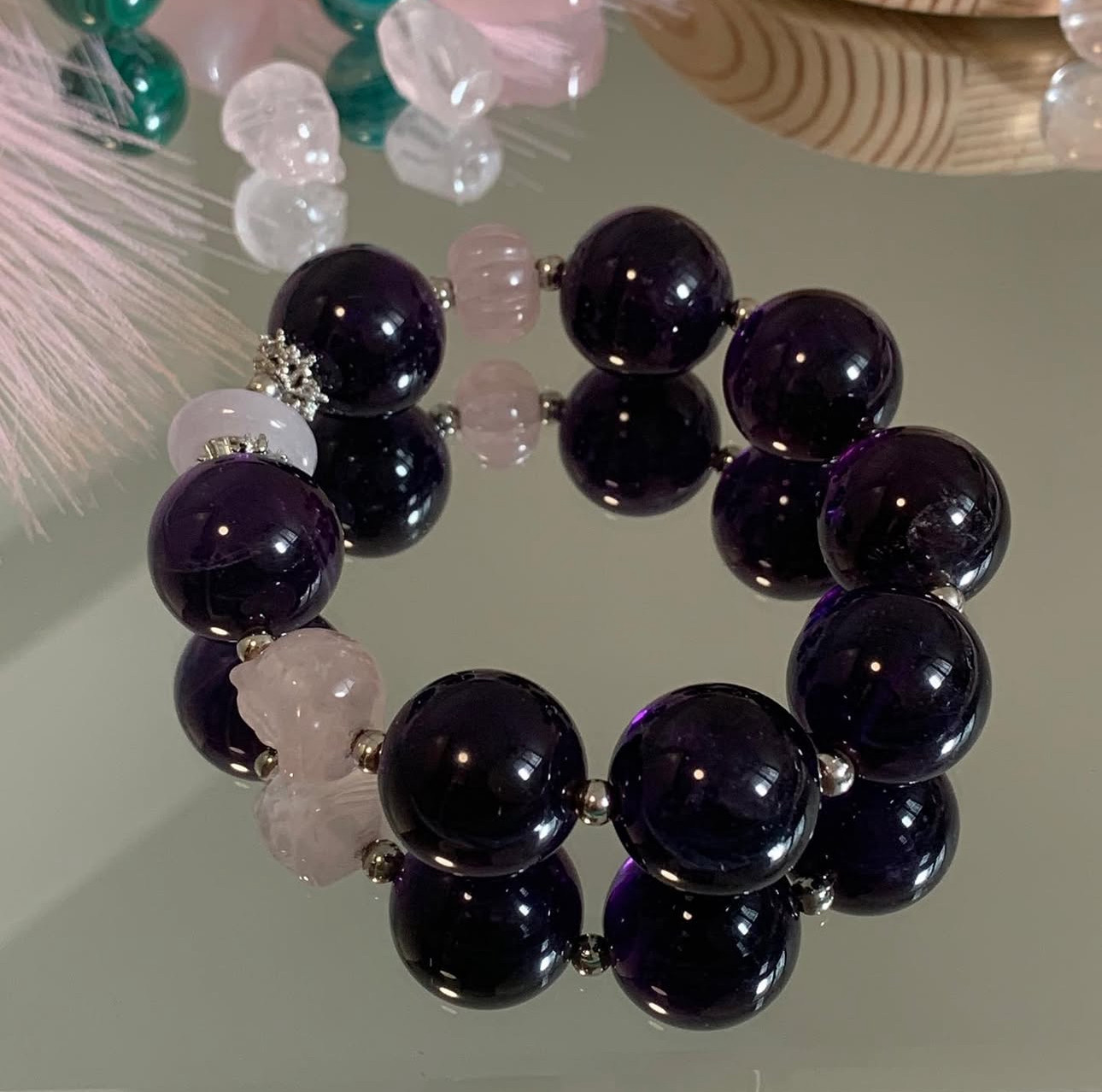 Crystal.EAA ライオンハート - ライオンデザイン アメジスト ローズクォーツ ラージビーズ