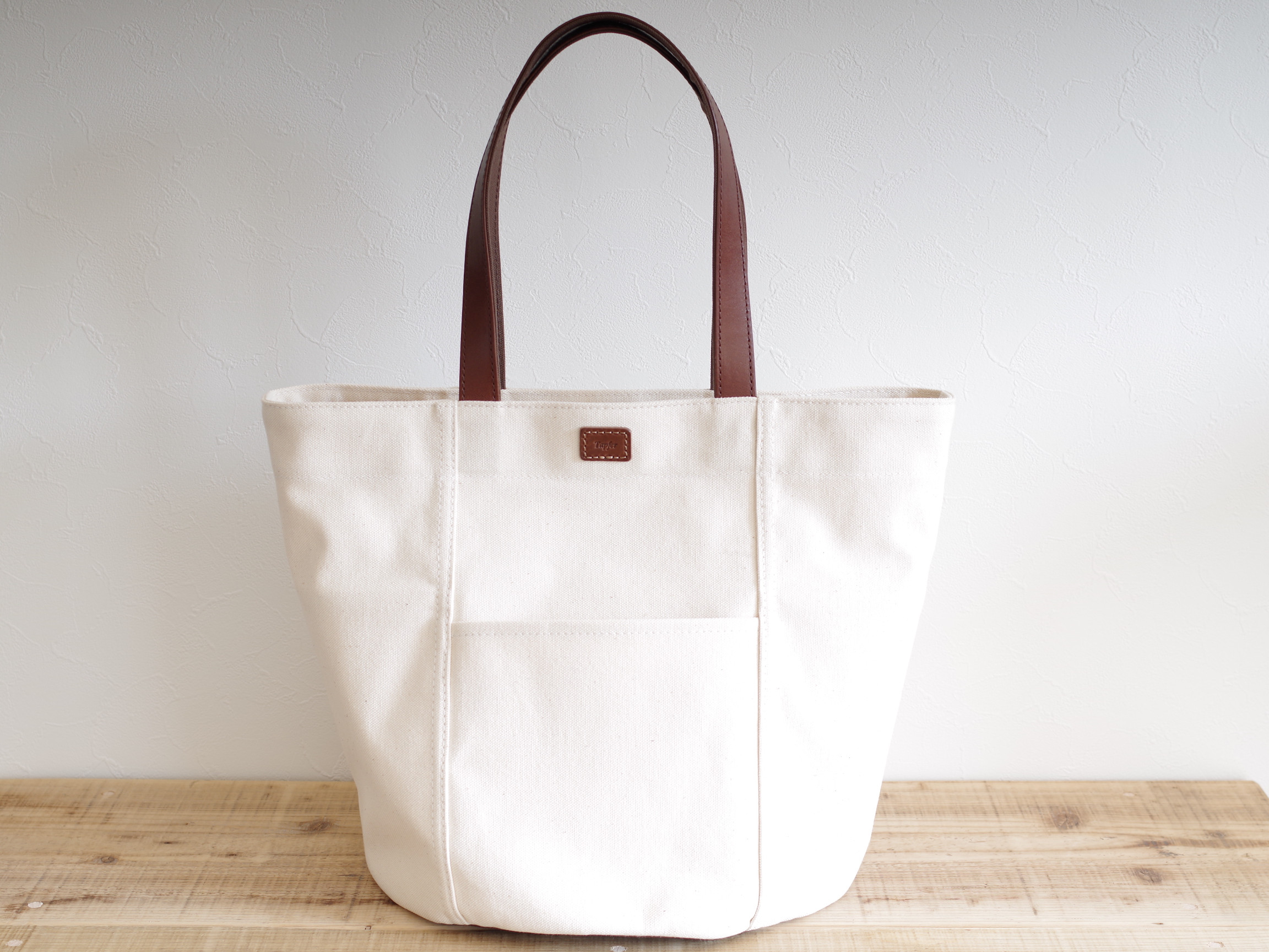 丸底トートバッグ　レザーハンドル　生成り